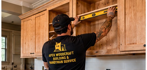 Craftsman installing custom kitchen cabinetry