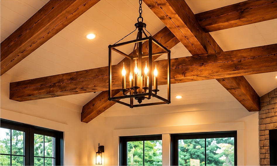 Decorative ceiling beams in finished kitchen