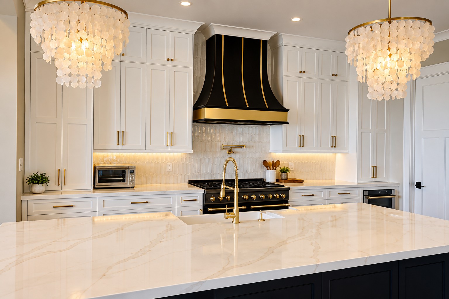 Finished custom kitchen with white cabinetry, black and gold range hood, and large stone island